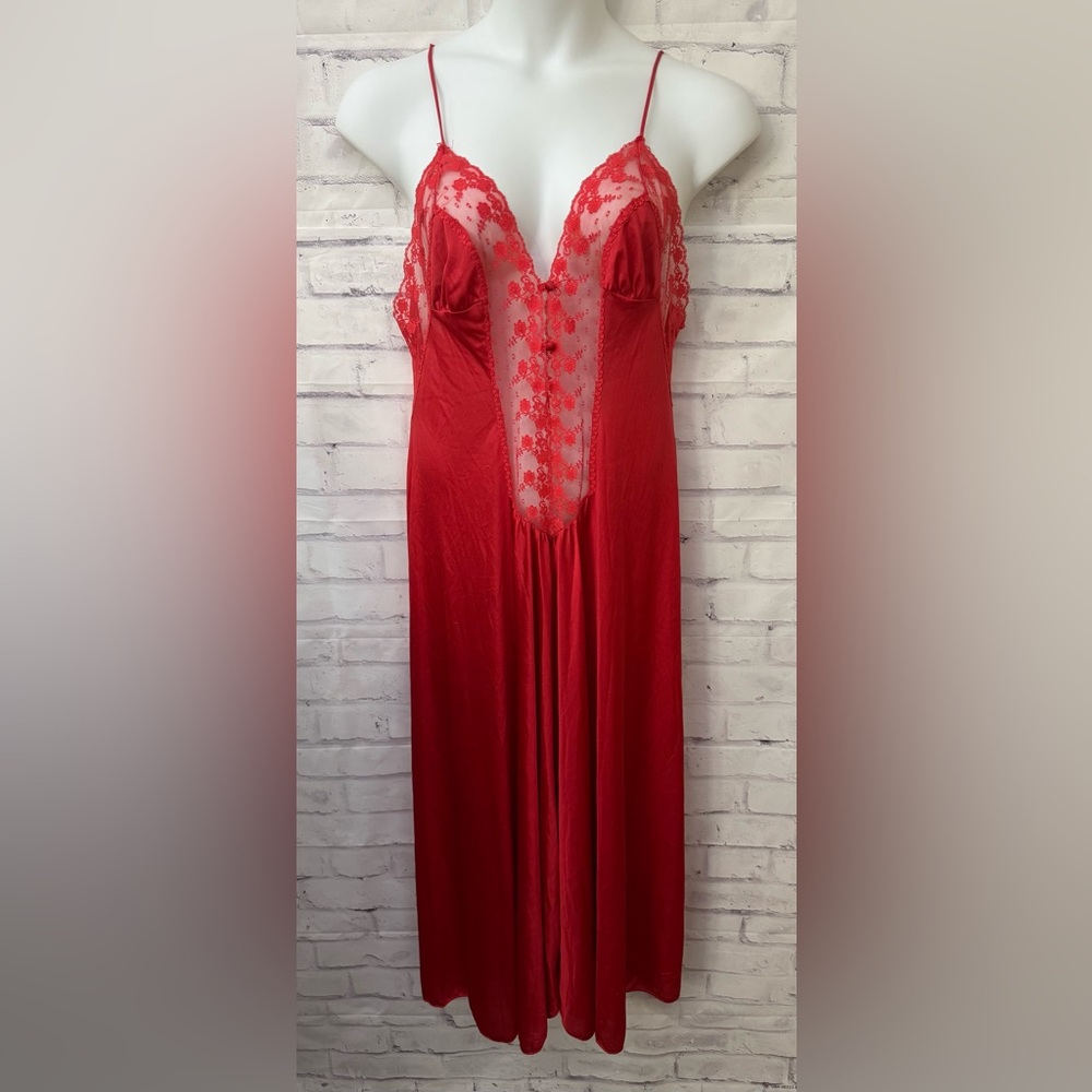 Kayser Size Large Vintage Red Sexy Long‎ Gown Neglige Slip Dress Lace Stained
